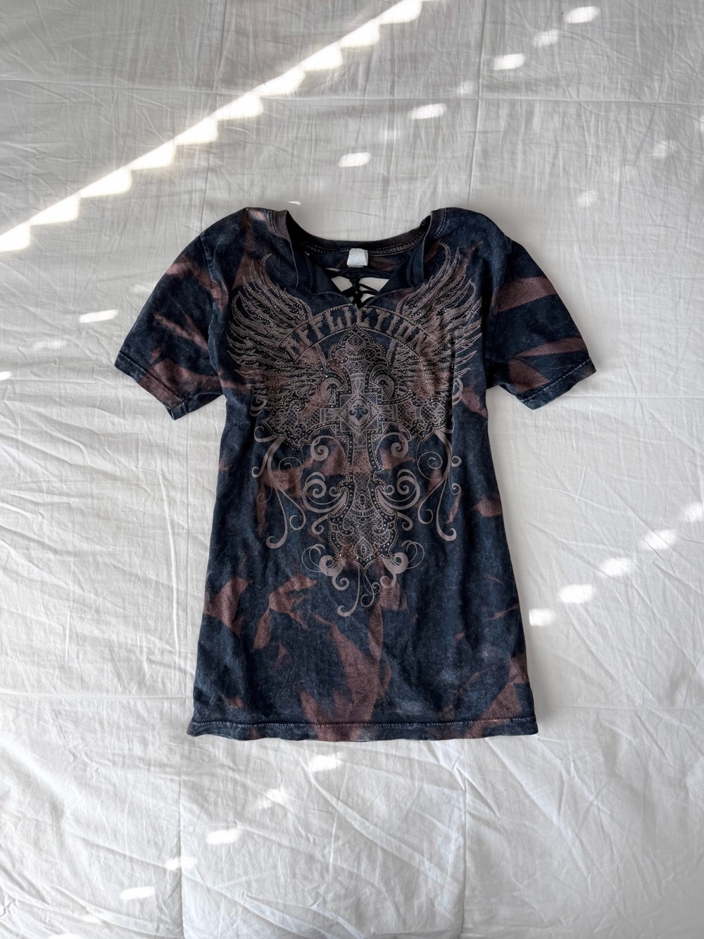 Y2K Affliction Tie Dye Rhinestone Cross Graphic Cut Out Back T-Shirt Size M-L